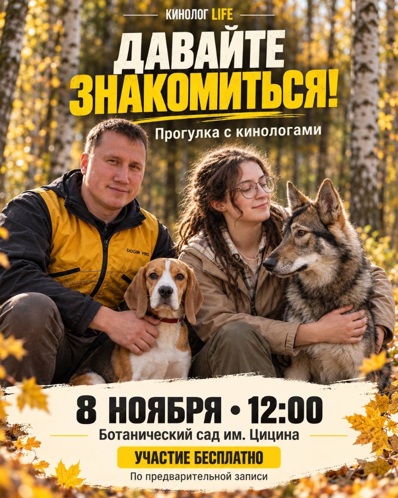 Давайте знакомиться! Прогулка с кинологами, 8 ноября в 12:00, Ботанический сад им. Цицина. Участие бесплатно.